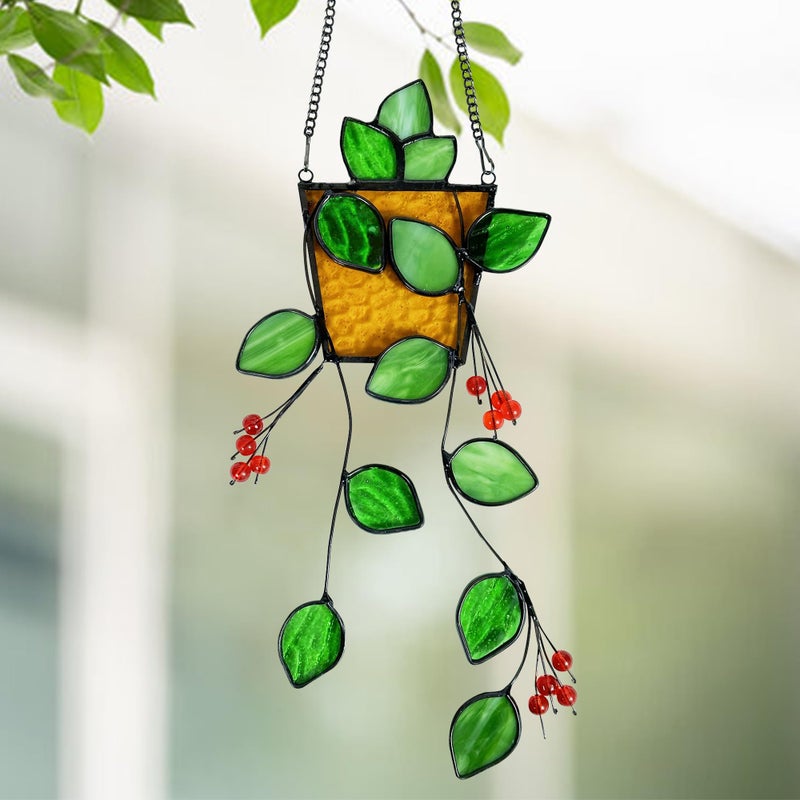 Royxen Stained Glass Window Hanging  Sun Catcher  Suncatchers for Windows Hanging  Green Plants with Yellow Pot - Image 2
